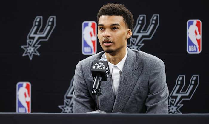 San Antonio Spurs rookie Victor Wembanyama at his introductory press conference.